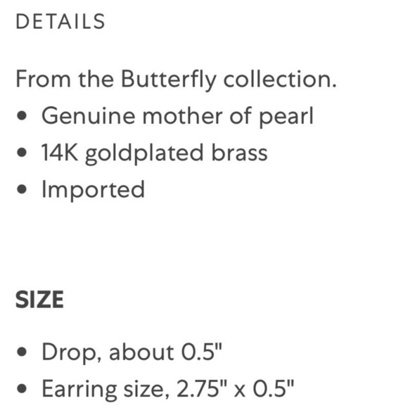 NIB Jan-kou Butterfly Collection Mother of Pearl Drop Earrings 14k plated UFT - Picture 5 of 5